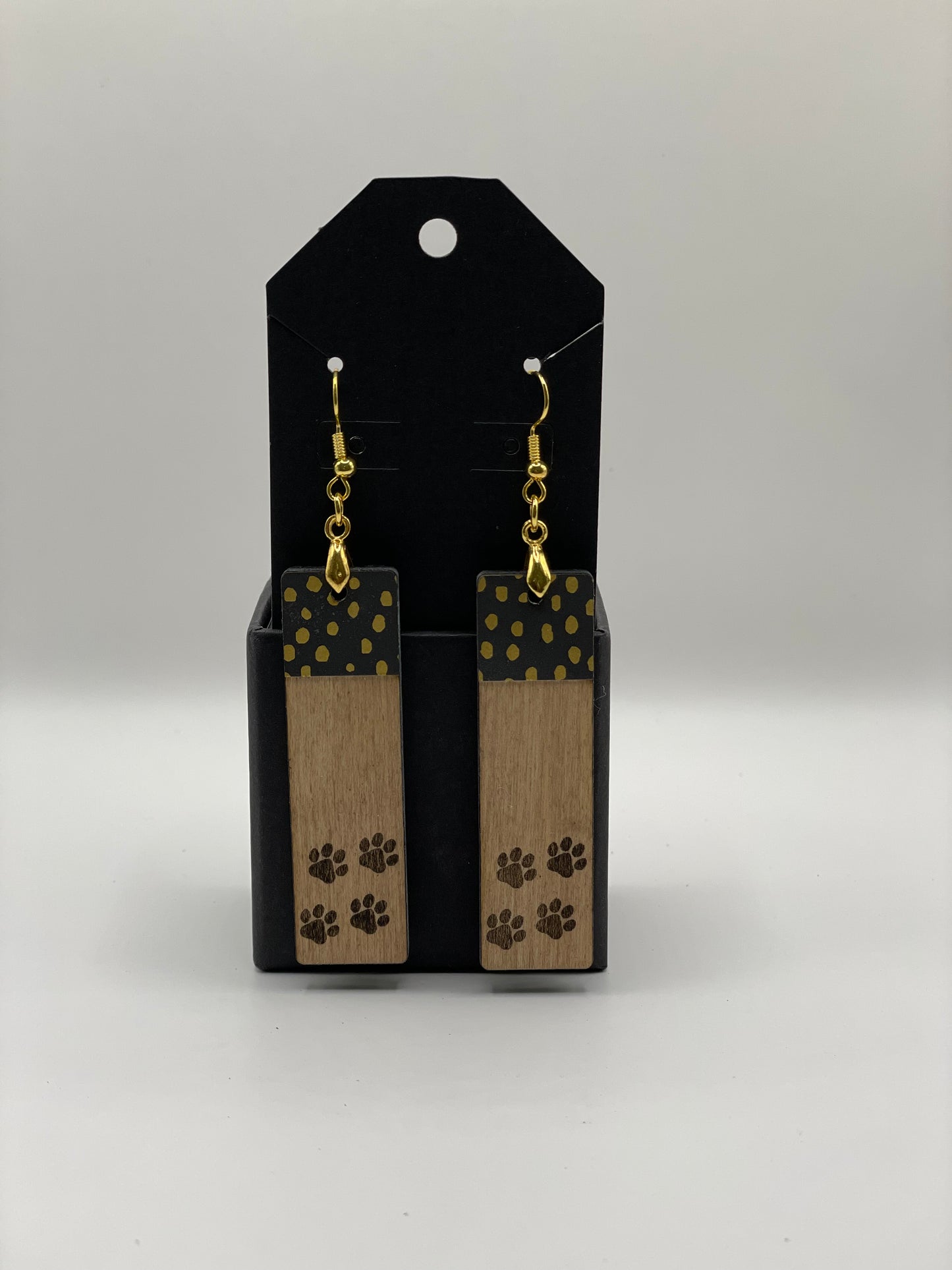 Earrings: "Rachel", A Handmade Wooden Earring with Black & Gold Dot Design