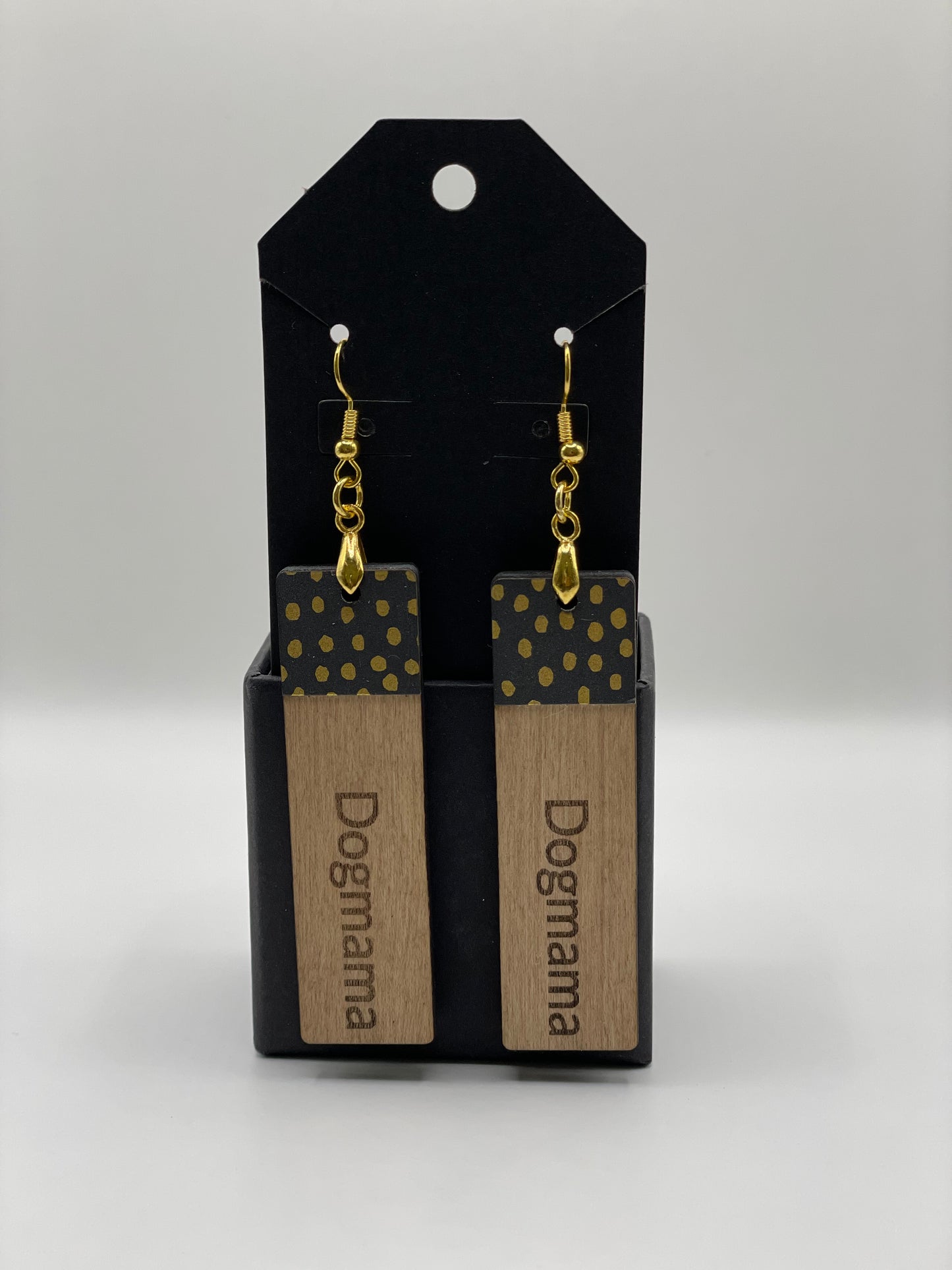 Earrings: "Rachel", A Handmade Wooden Earring with Black & Gold Dot Design